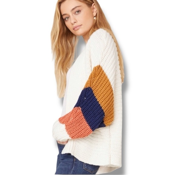 BB Dakota Cream/Navy/Orange Dolman Sleeve Open Front Women's Relaxed Cardigan - Picture 3 of 16